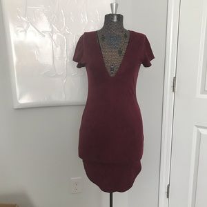 Maroon suede plunge neck dress